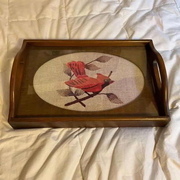 Vintage Cardinal Glass Topped Wood Needlepoint Tray with Handles by Three Mounta - Picture 9 of 11